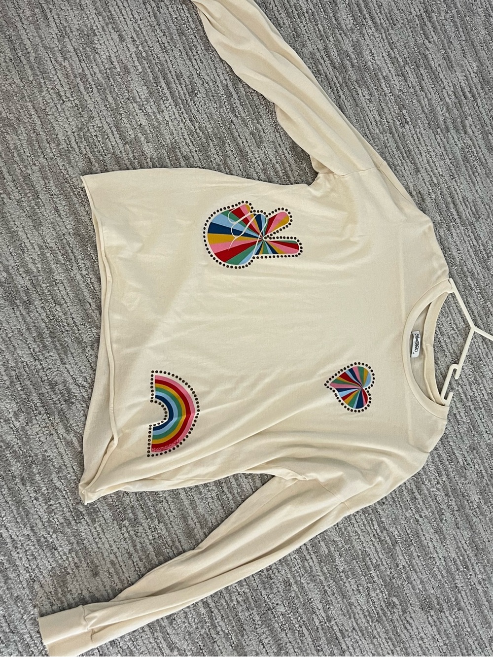 Lauren Moshi Cream Long Sleeve Top with Multicolor Rainbow Patches